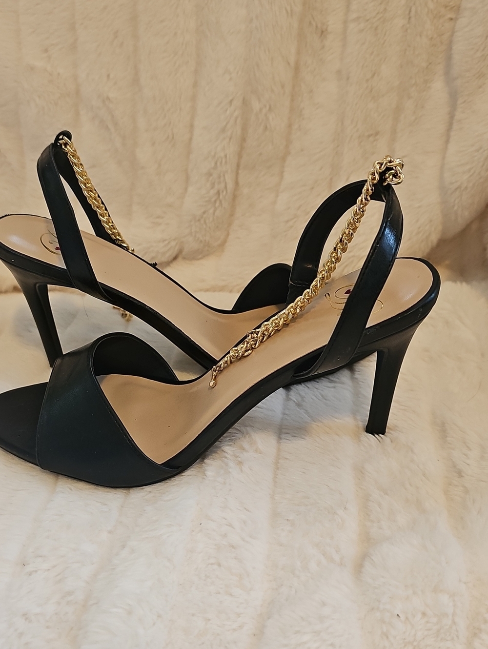 Delicious Black Heeled Slingback Sandals with Gold Chain